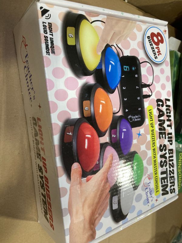 Photo 1 of Teacher's Choice Light Up Game Buzzer System, Displays The Winning Player Loud, Unique Sounds for Each Buzzer, Great for Trivia Games, Family Feud, Jeopardy (8 Pack)