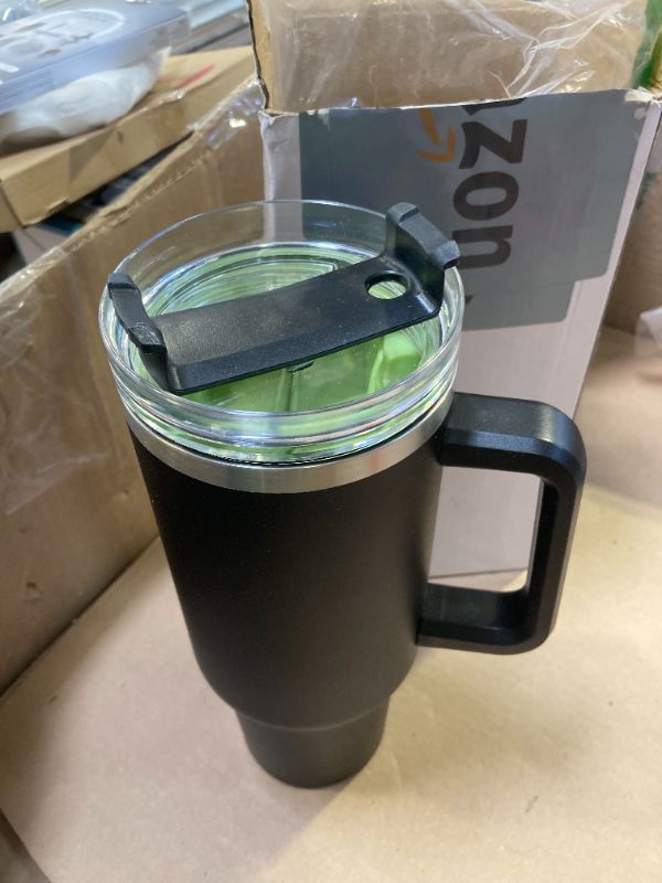 Photo 1 of 40 oz Black Stainless Steel Thermal Tumbler with Green Silicone Divider Liner – 2-in-1 for Two Drinks, Separates Liquids, Keeps Drinks Hot or Cold for Hours, BPA-Free, Durable Travel Tumbler