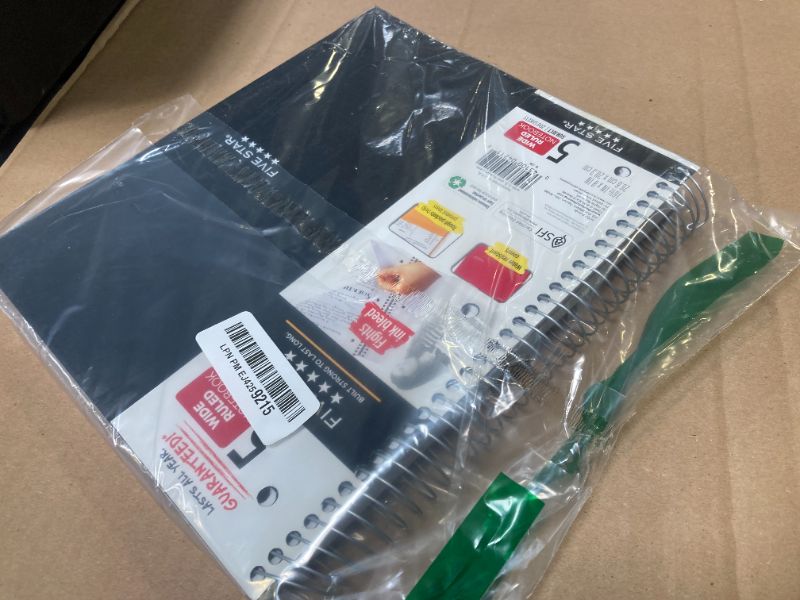 Photo 1 of Five Star Spiral Notebook + Study App, 5 Subject, Wide Ruled Paper, 8" x 10-1/2", 200 Sheets, Fights Ink Bleed, Water Resistant Cover, Black (72045)