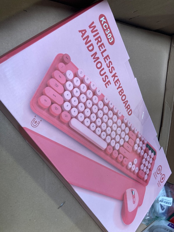 Photo 1 of Wireless Keyboard and Mouse - Cute Round Keycaps, Detachable Wrist Rest, Full-Size Retro Typewriter Keyboard with Tilt Legs, 2.4G Wireless Combo for Women, PC, Laptop, Windows - Trueque (Blush Pink)