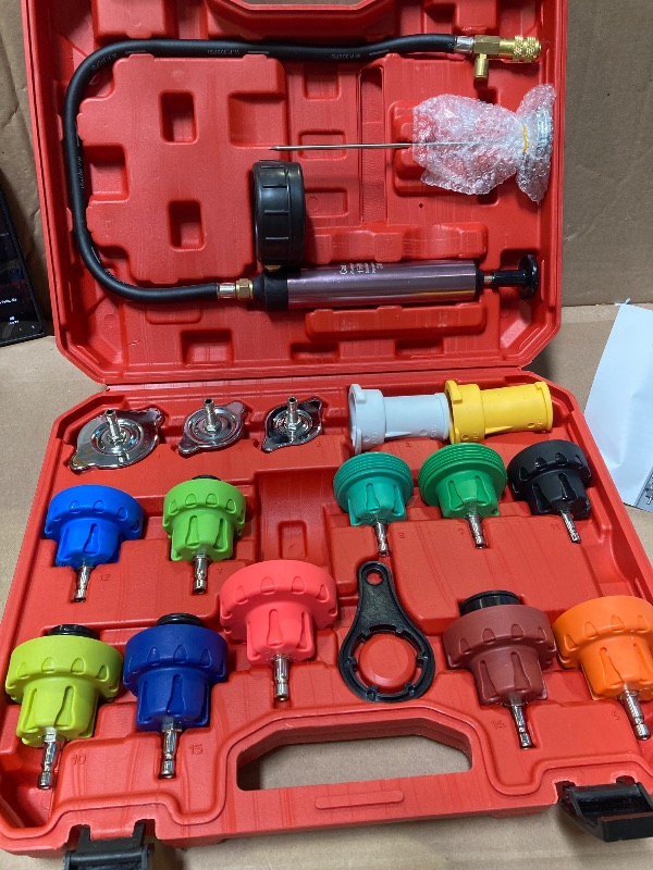 Photo 1 of HZAUTOS 18PCS Radiator Pump Pressure Tester Kit, Pressure Leak Tester Tool Kit for Automotive Cooling System Water Tank Leakage Detection