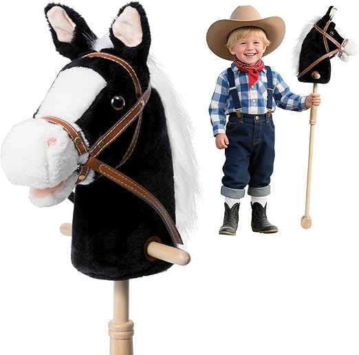 Photo 1 of HollyHOME Stick Horse Plush Handcrafted Hobby Horse on a Stick with Wood Wheels Real Pony Neighing and Galloping Sounds for Kids Toddlers Appaloosa 36 Inches (AA Batteries Required)