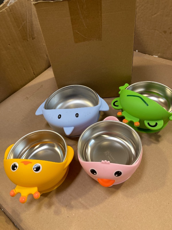 Photo 1 of Nuogo 4 Packs 304 Stainless Steel Baby Bowls with Silicone Sleeve Kids Toddler Food Bowls with Suction Anti Slip Cute Animal safe Design for Baby Feeding Soup Noodle Pasta Snack
