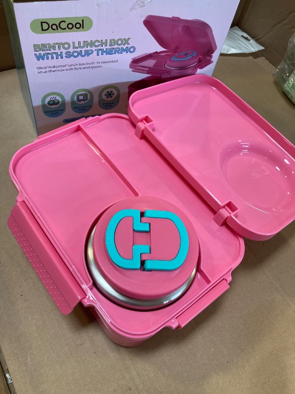 Photo 1 of DaCool Kids Bento Box with Thermo for Hot Food Leakproof 1500ml Lunchbox for Kids with 5oz Small Thermo for Girls with Fork Spoon for Dining Out Work School, Pink
