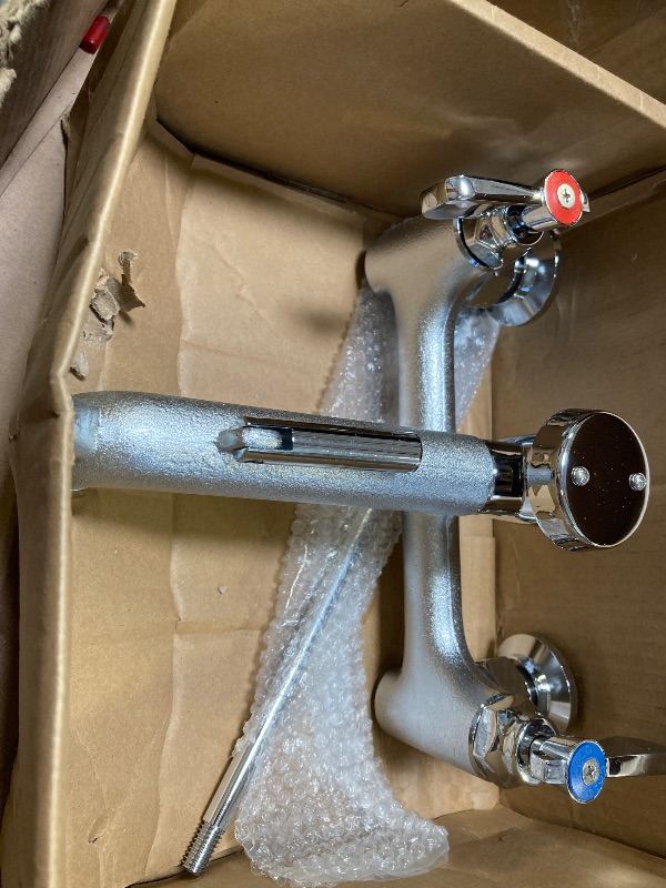 Photo 1 of ZKDAUSDO Commercial Mop Sink Faucet Service Sink Faucet with 6-1/2" Vacuum Breaker Spout, Wall Mount 8" Adjustable Center, with 3/4" Hose Thread, Pail Hook, Chrome-Plated for Utility, Laundry, Garden
