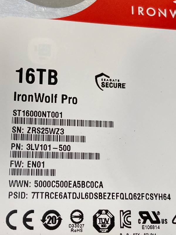 Photo 1 of Seagate IronWolf Pro, 16 TB, Enterprise NAS Internal HDD –CMR 3.5 Inch, SATA 6 Gb/s, 7,200 RPM, 256 MB Cache for RAID Network Attached Storage (ST16000NT001)
