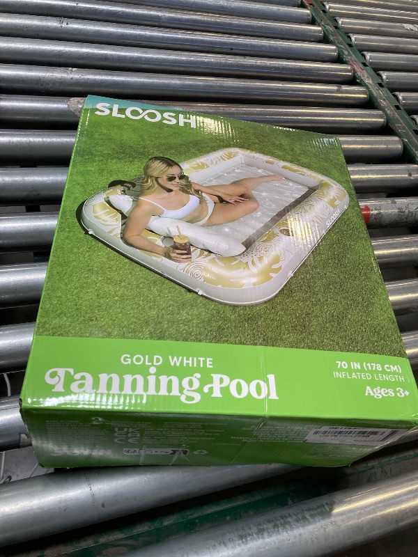Photo 1 of SLOOSH Inflatable Tanning Pool Lounger Float, 70" x 46" Pool Floats Adult with Pillow, 4 in 1 Suntan Tub Raft Floatie,Sunbathing Bed Lounge for Water Blow Up Kids Ball Pit Party Gifts, L-Golden White