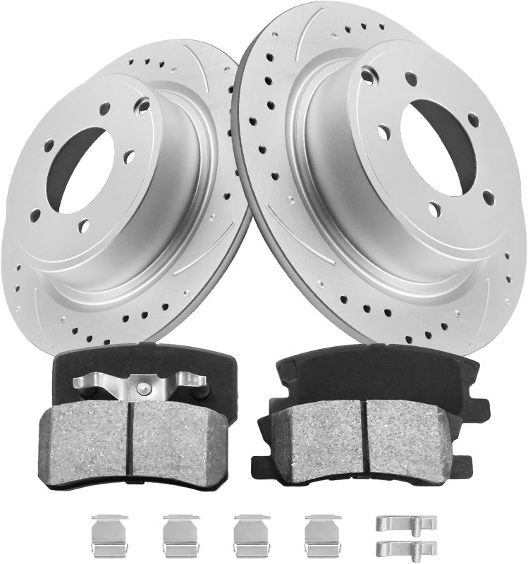 Photo 1 of Anpulsero Rear Automotive Replacement Brake Kit, Drilled Slotted Brake Rotors Brake Pads Compatible with 2007-2017 Jeep Patriot/Compass, 2011-2014 Chrysler 200| Anti-Rust Geomet Coated |302mm(11.9in)