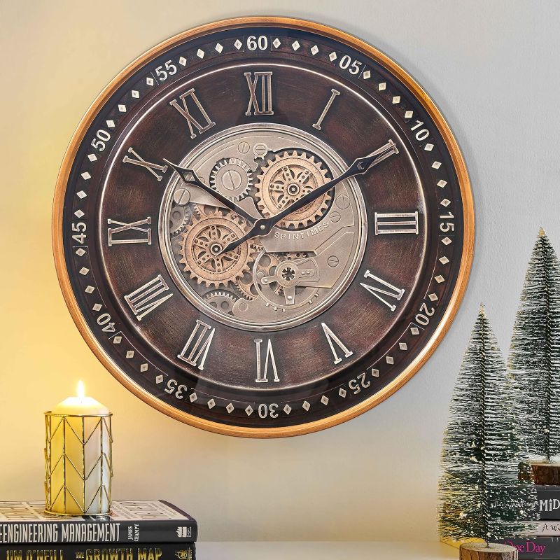 Photo 1 of CLXEAST 24 Inch Wall Clock with Moving Gears,Oversized Large Industrial Steampunk Clock, Antique Gold Metal Roman Numeral Wall Clocks for Farmhouse Living Room Decor