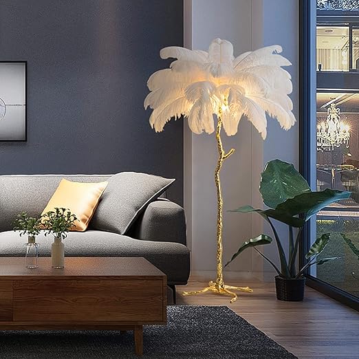 Photo 1 of Chandelier Light, Feather Floor Lamp, Ostrich Feather Standing Lamp Nordic Modern Floor Lamp with White Feather Shade, Standing Light for Bedrooms/Dining Room/Living Room/Office(H180cm)