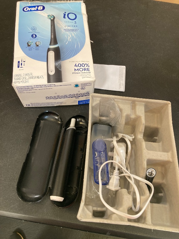 Photo 1 of Oral-B iO Deep Clean Rechargeable Electric Powered Toothbrush, Black with iO Series 3 Limited, 2 Brush Heads and Travel Case - Pressure Sensor to Protect Gums - 3 Cleaning Settings - 2 Minute Timer