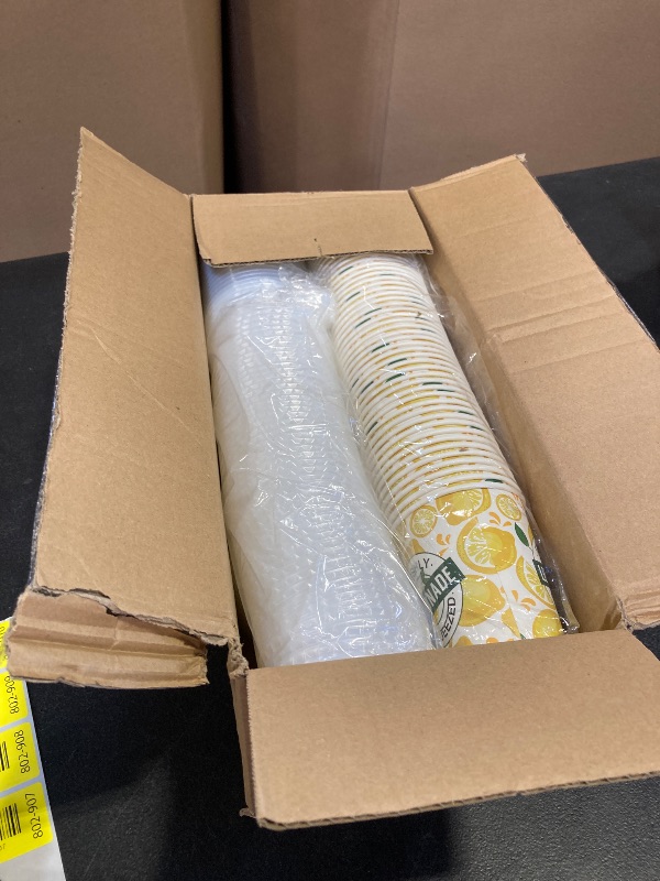 Photo 1 of Meanplan 300 Pieces/100 Sets Lemonade Cups with Lids and Straws Disposable Cups for Party Decorative Lemon Paper Cup Lemonade Stand Supplies for Water Juice Kitchen Coffee Birthday Decorations (9 oz)