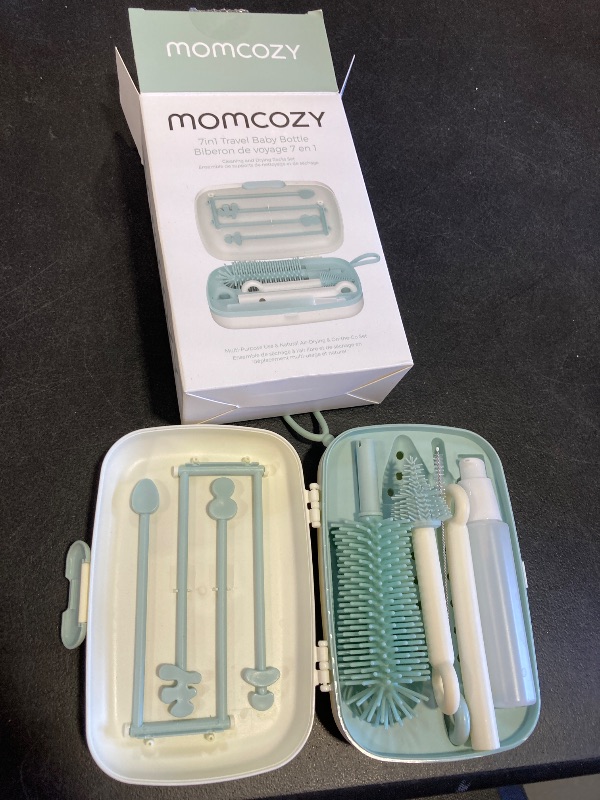 Photo 1 of Momcozy Bottle Brush Set - Baby Bottle Cleaner Kit with Silicone Brush, Nipple Brush, Straw Brush, Soap Dispenser, Drying Rack - 7 in 1 Bottle Cleaning Tool for Home and Travel