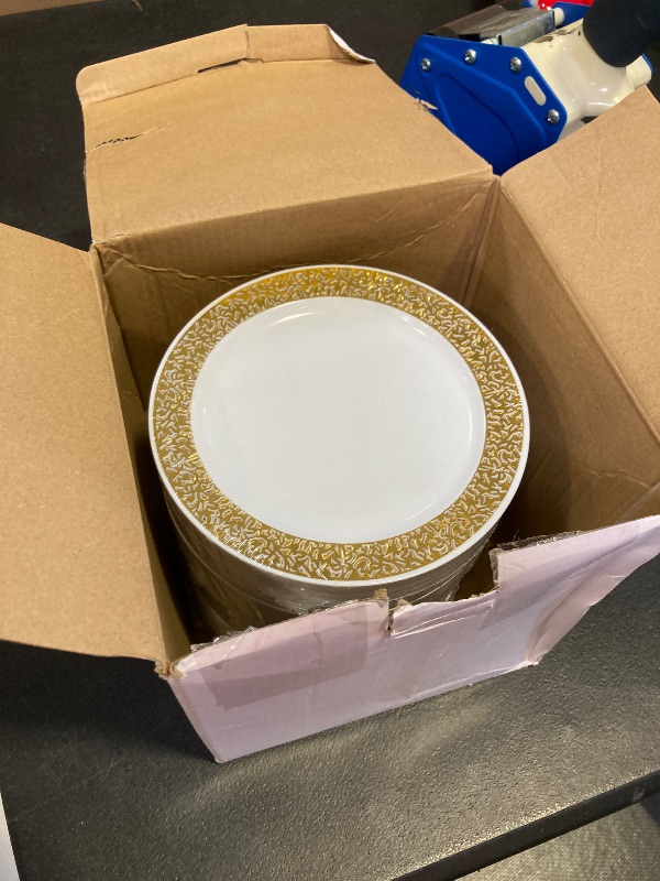Photo 1 of Skylety 100 Pieces White and Gold Plastic Plates Bulk 6 Inch Plastic Disposable Dessert Plates with Gold Lace Rim for Party Birthday Wedding Holiday Anniversary Supplies