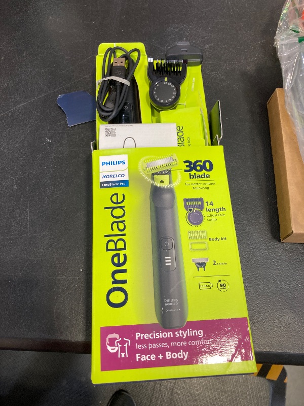Photo 1 of Norelco Philips OneBlade Pro 360 Face + Body, Electric Shaver, Beard Trimmer and Body Groomer, with 360 Blade Technology, 14-Length Precision Comb, Body Kit, Soft Pouch, Model QP6542/70
