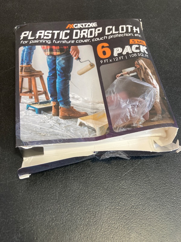 Photo 1 of 12 x 9 Ft Plastic Drop Cloths (6-Pack) - Disposable Painter's Sheeting & Tarps for Painting, Waterproof Furniture/Couch/Floor Protection