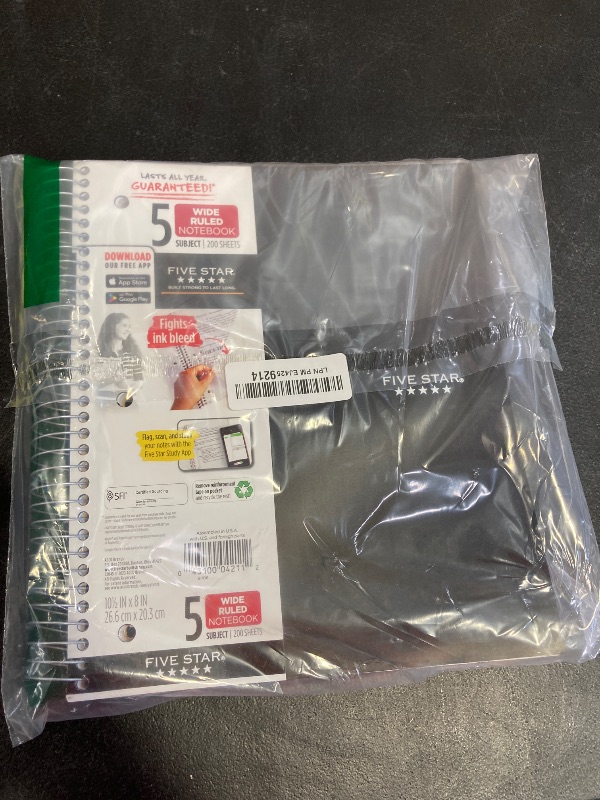 Photo 1 of Five Star Spiral Notebook + Study App, 5 Subject, Wide Ruled Paper, 8" x 10-1/2", 200 Sheets, Fights Ink Bleed, Water Resistant Cover, Black (72045)