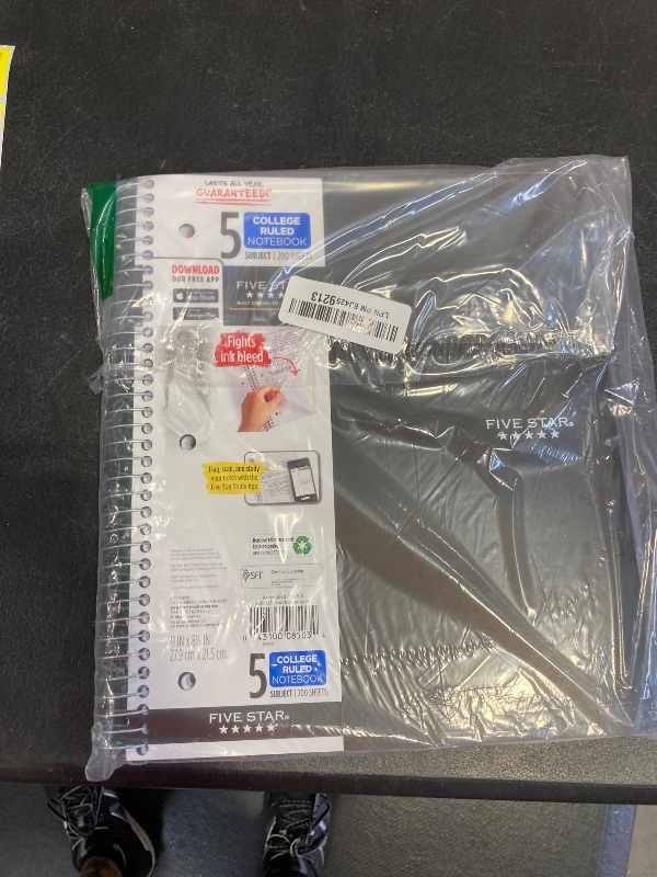 Photo 1 of Five Star Spiral Notebook + Study App, 5 Subject, College Ruled Paper, 8-1/2" x 11", 200 Sheets, Fights Ink Bleed, Water Resistant Cover, Black (72081)
