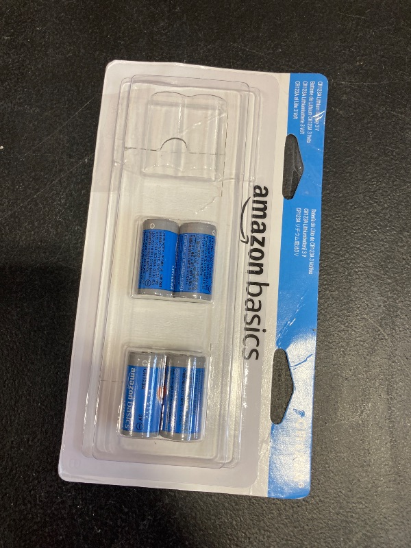 Photo 1 of Amazon Basics 4-Pack Non-Rechargeable CR123A Lithium Batteries, 3 Volt, Up to 10-Year Shelf Life