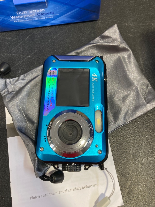 Photo 1 of 4K Underwater Camera 11FT Waterproof Camera with 32GB Card 56MP Autofocus Dual-Screen Selfie Underwater Camera for Snorkeling Waterproof Compact Floatable Digital Camera 1250mAh Battery Type-C (Blue)
