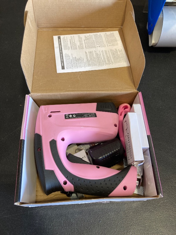 Photo 1 of SHALL Pink Electric Staple Gun, 2 in 1 Cordless Upholstery Stapler Nail Gun for Wood, 4V Rechargeable Brad Nailer Kit w/ 2500 Staples Nails, Staple Remover & Fast Charger for Crafts, DIY, Decoration