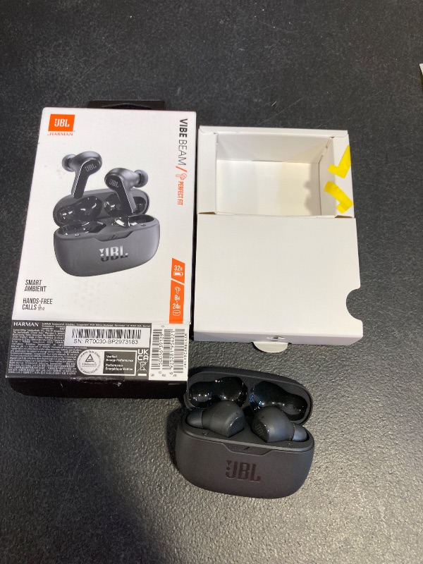 Photo 1 of JBL Vibe Beam - True Wireless JBL Deep Bass Sound Earbuds, Bluetooth 5.2, Water & Dust Resistant, Hands-free call with VoiceAware, Up to 32 hours of battery life (Black)