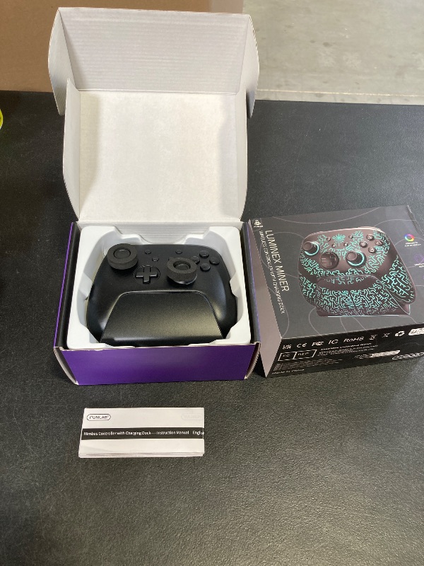 Photo 1 of FUNLAB Switch Pro Controller with Charging Dock Compatible with Switch 2/OLED/Steam Deck/PC, Wireless Bluetooth Controller with Hall Effect Joysticks, Luminex Control Gamepad with 7 LED Colors/Paddle/Turbo/Motion