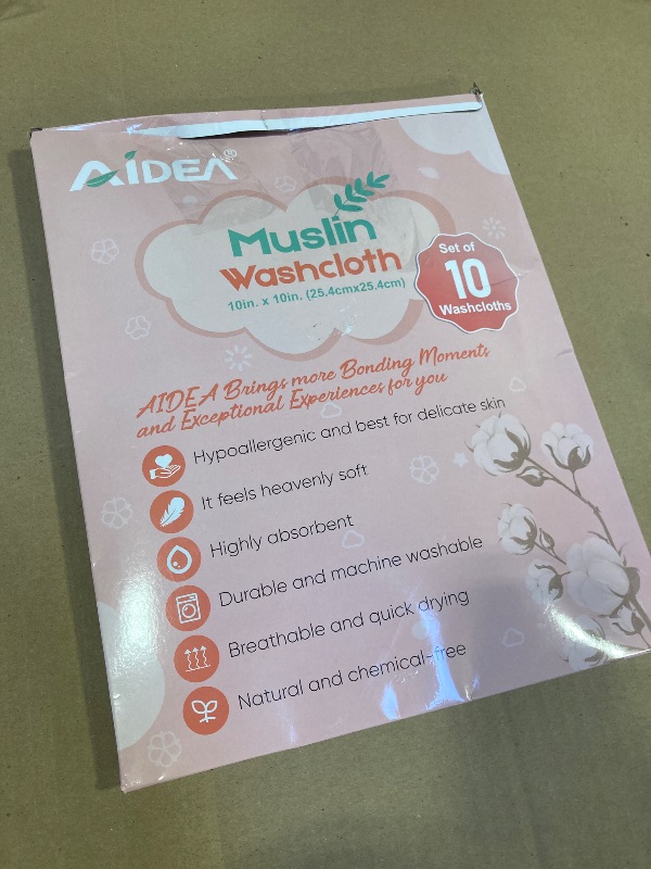 Photo 1 of AIDEA Baby Washcloths and Burp Cloths, Absorbent Cotton Muslin Baby Towels, Large Soft Breathable Newborn Essentials for Boys and Girls, Newborn Essentials, White-10 Pack, 10"x10"