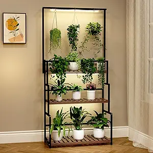 Photo 1 of Hanging Plant Stand with Grow Light, 3 Tier Metal Plant Stand for Indoor Plants Multiple, Large Plant Shelf Display Holder, Ladder Shape Plant Rack for Living Room, Patio, Balcony