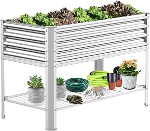 Photo 1 of Raised Garden Bed with Legs, Galvanized Raised Planter Box with Storage Shelf and Drainage Holes, 48×24×32 Inch Large Metal Garden Bed Kit for Balcony, Backyard, Patio Lasts for Years of