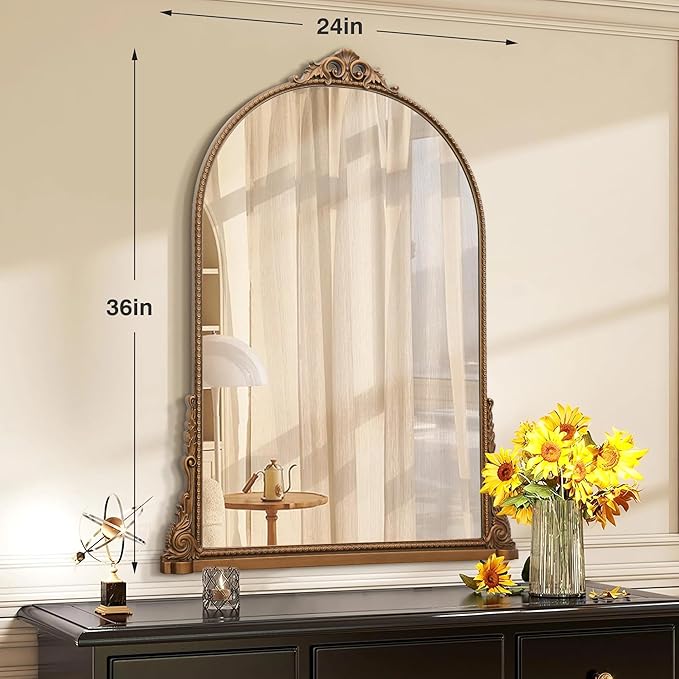 Photo 1 of Arched Vintage Wall Mirror: 24"x36" Traditional Baroque Ornate Mirror - French Antique Style Wall Decor for Entryway/Fireplace/Living Room/Hallway
