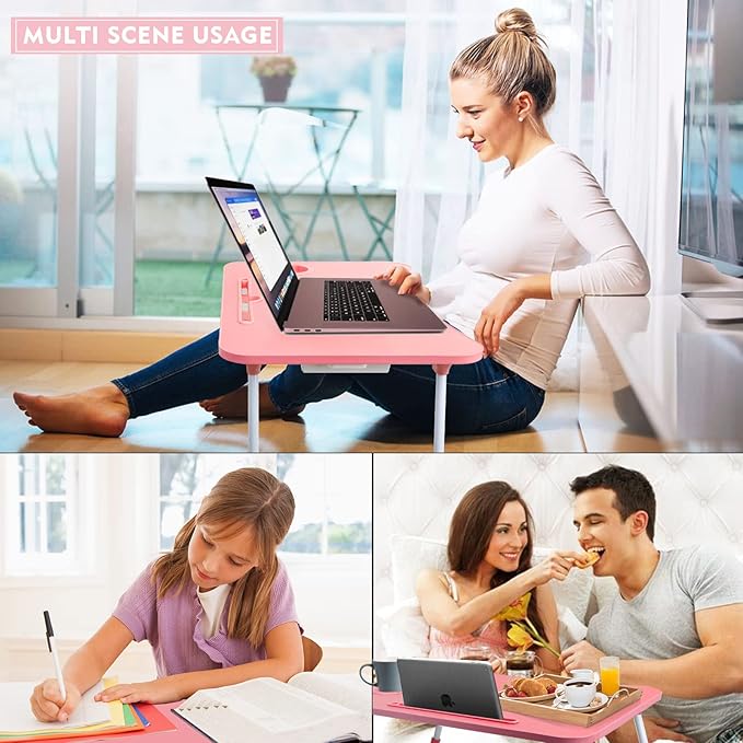 Photo 1 of Laptop Bed Table, Foldable Laptop Desk Bed Tray with Storage Drawer, Lap Desk TV Tray for Breakfast Serving, Notebook Stand Reading Holder with Phone Slot and Cup Holder for Sofa Couch Floor-Pink