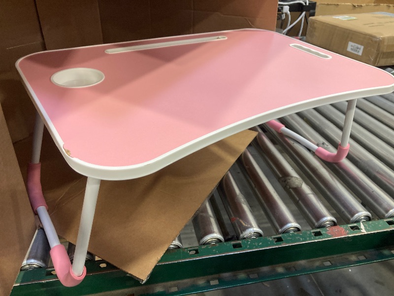 Photo 1 of Laptop Bed Table, Foldable Laptop Desk Bed Tray with Storage Drawer, Lap Desk TV Tray for Breakfast Serving, Notebook Stand Reading Holder with Phone Slot and Cup Holder for Sofa Couch Floor-Pink