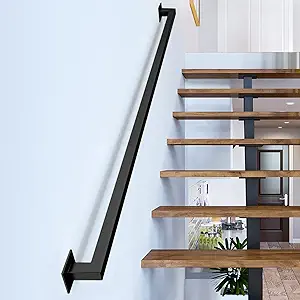 Photo 1 of 4FT Black Iron Hand Railing, Sturdy Safety Staircase Handrails Wall Mount, 500lbs Load Capacity Industrial Iron Railing Pipe Handrail for Indoor Stairs, Outdoor Deck Loft Porch, Non-Slip and Rust