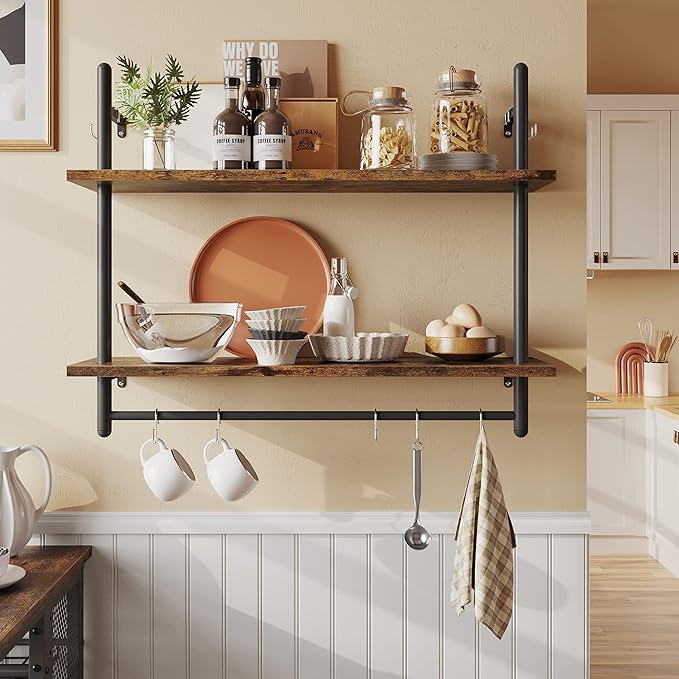 Photo 1 of Bestier  Shelf Industrial Floating Shelving 31" Kitchen Wall-Mounted Shelf with Towel Bar Hooks Coffee Bar Shelves Wine Hanging Display Rack Bookshelf Living Room Decor Bathroom-Rustic Brown