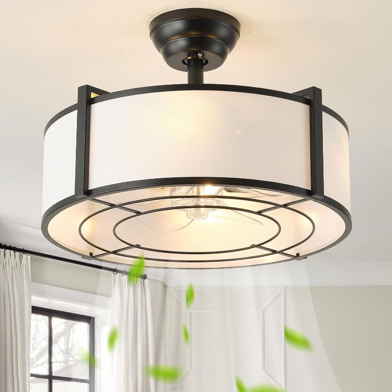 Photo 1 of 20" Black Fandelier Ceiling Fans with Lights, Boho Rattan Ceiling Fan with Light Remote Control, Caged Mid-Century Modern with 6 Speeds for Bedroom, Nursery, Living Room
