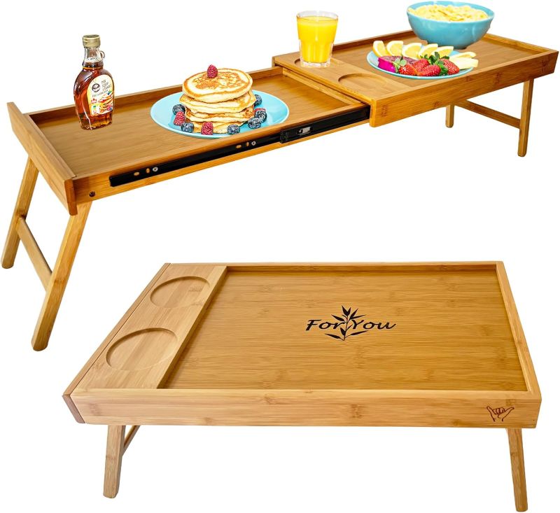 Photo 1 of Breakfast Bed Table Tray for Two - One Piece, Dual Use Couple Bed Tray with Cup recesses - Food Trays for Eating on Couch, Space Saving Breakfast Table - Gift Ready - Bamboo Wood
