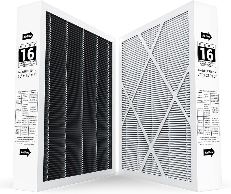 Photo 1 of 2 Pack 20x25x5 MERV 16 Air Filter Compatible with 20x25x5 Healthy Climate Carbon-Clean MERV 16 Filter for HVAC System, Replaces Part # HCF20-16, HCF20-10
