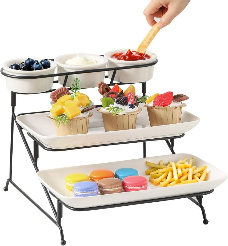 Photo 1 of 3-Tier White Ceramic Serving Trays with Black Metal Stand Set- Porcelain Dessert Serving Platters and Small Bowls for Party, Tiered Fruit Tray Stand for Serving Food, 1 Stand + 2 Plates + 3 Bowls
