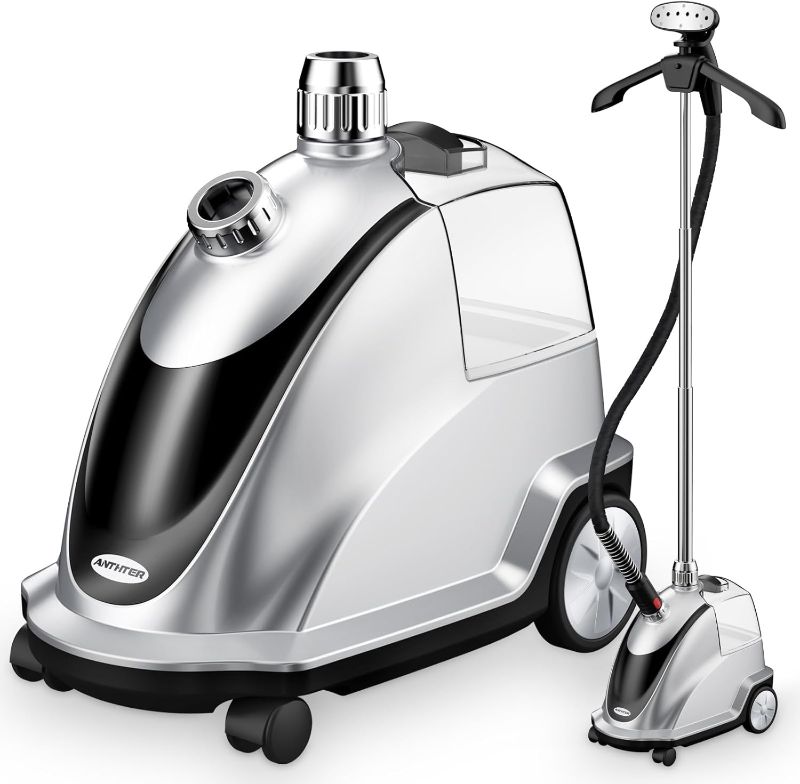Photo 1 of Anthter Steamer for Clothes, 1500W Powerful Standing Garment Steamer with Roll Wheels, 2.4L Water Tank for 90 Mins Continuous Steaming, 35s Fast Heat-up (Silver)
