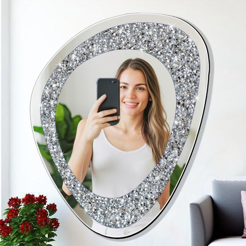Photo 1 of DMDFIRST Modern Irregular Shaped Wall Mirror – 21.6x16 Inch Decorative Oval Diamond Decor Mirror for Living Room, Bedroom, Bathroom, Entryway
