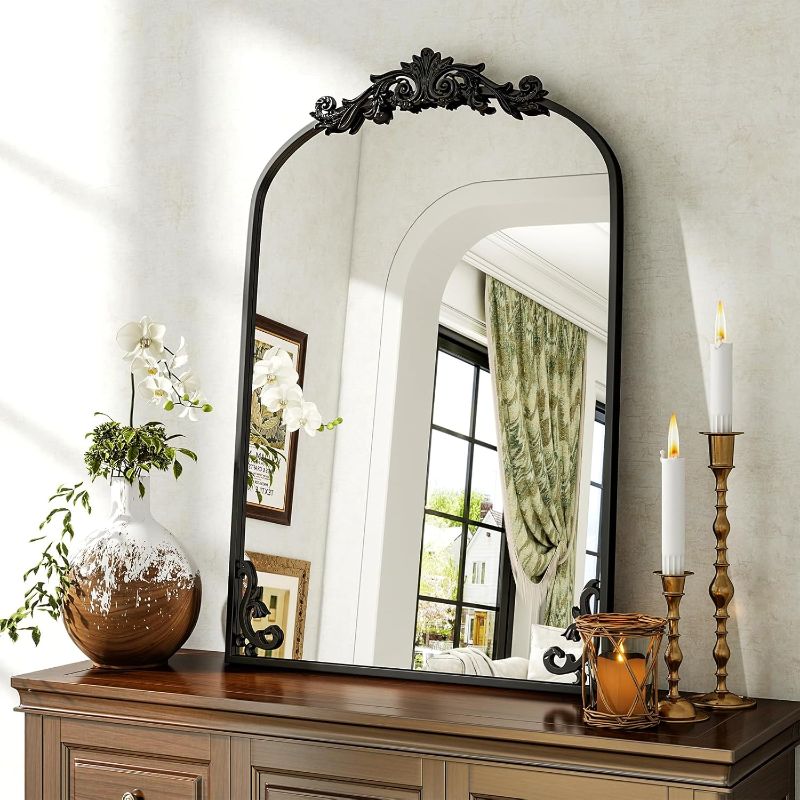 Photo 1 of BEAUTYPEAK 26x38 Arched Mirror, Black Traditional Vintage Ornate Baroque Wall Mirror for Bathroom, Bedroom, Hallway, or Fireplace Decor
