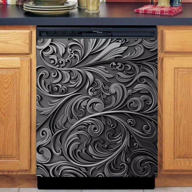Photo 1 of Black and Gray Floral Vine Pattern Dishwasher Magnet Cover,Wave Flower Magnetic Dishwasher Cover,Fridge Door Cover Magnetic Vinyl Sticker,Dishwasher Magnets Art Skin Panel Decal,23"x26"
