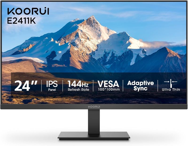 Photo 1 of KOORUI 24 Inch Computer Gaming Monitor Full HD 1920 x 1080p 144Hz IPS Ultra-Slim Display with HDMI VGA, Adaptive Sync, 99% SRGB, VESA 100x100mm, Eye Care, Tilt, Black, E2411K

