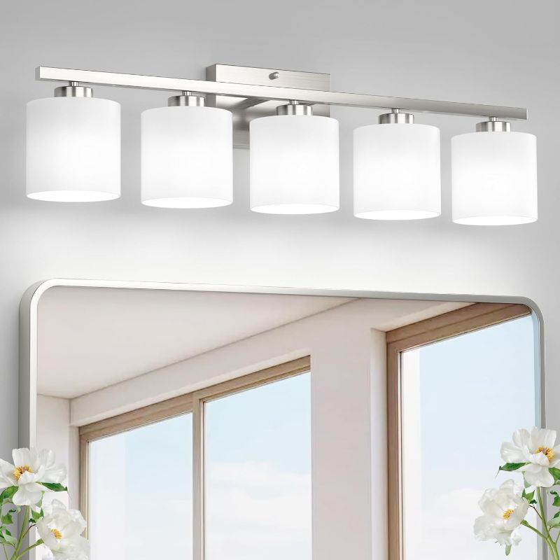 Photo 1 of Honesorn Modern Vanity Lights - 5-Light Bathroom Fixture with Frosted Shade & Anti-Rust Nickel Finish
