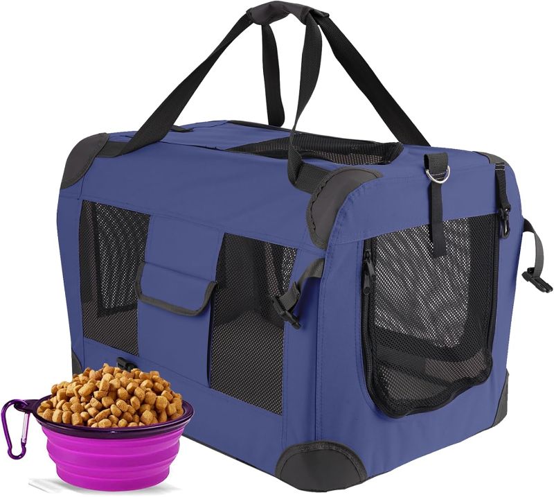 Photo 1 of Pet Carrier for Cats and Dogs up to 25 lbs, Soft-Sided Collapsible Travel Crate, 24" L x 16" W x 16" H - Includes Removable Plush Blanket & Travel Bowl for Vet, Car, Home Use
