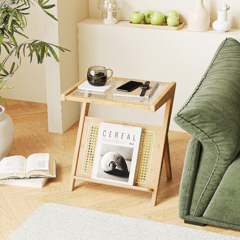 Photo 1 of Bamworld Rattan Side Table Boho Night Stand Glass Bedside Small End Tables Bamboo Bedroom Coffee Table with Storage for Living Room and Outdoor Nature
