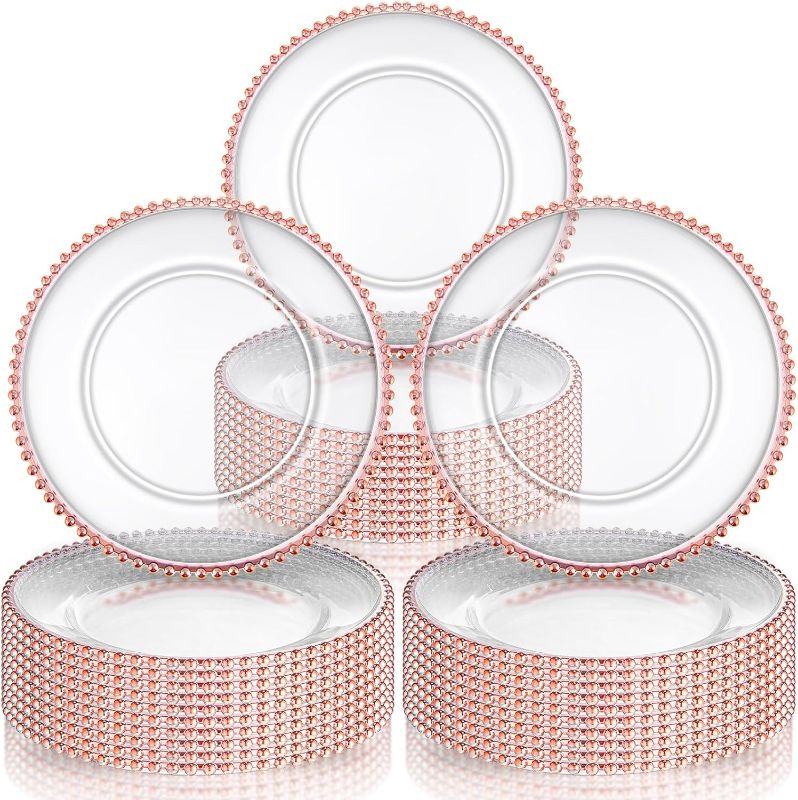 Photo 1 of Hoolerry 100 Pcs Charger Clear Plates Bulk 13 Inch Plastic Round Dinner Plate with Beaded Rim Acrylic Round Plate Decorative Charger Service for Home Wedding Xmas Party Events Table Decor (Rose Gold)
