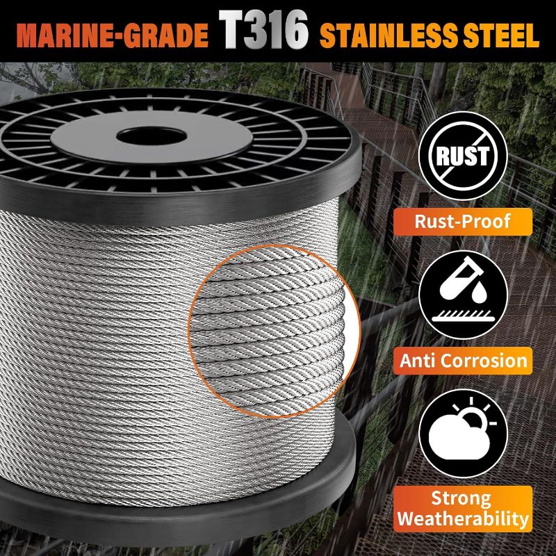 Photo 1 of Stainless Steel Cable for Railing - 1000FT 1/8" T316 Wire Rope Cable for Deck Railings System Kit
