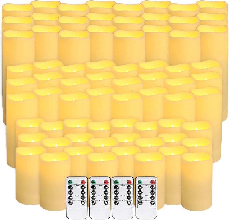 Photo 1 of pliadvbu Flameless LED Candles 72 Pack, Outdoor Realistic Waterproof Votive Candles with 4 Remote Control and Timer for Halloween Wedding Festival Decor, (H 4" 5" 6" x D 2.2")
